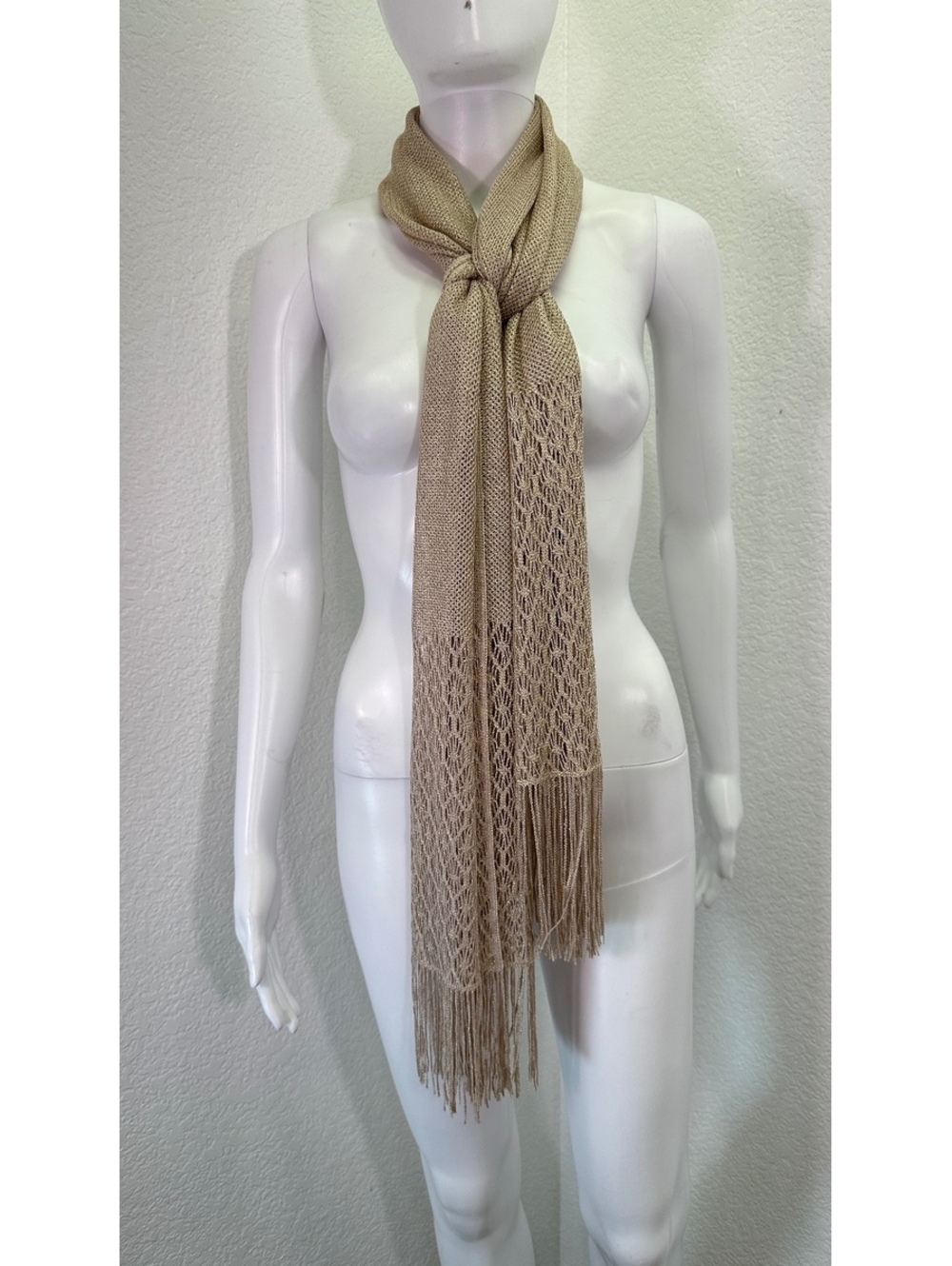 Blush Rose Gold Metallic Knitted Scarf Fringe Shawl Wrap Cover Up Lightweight